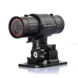 Compact black action camcorder with front lens and bike mount base