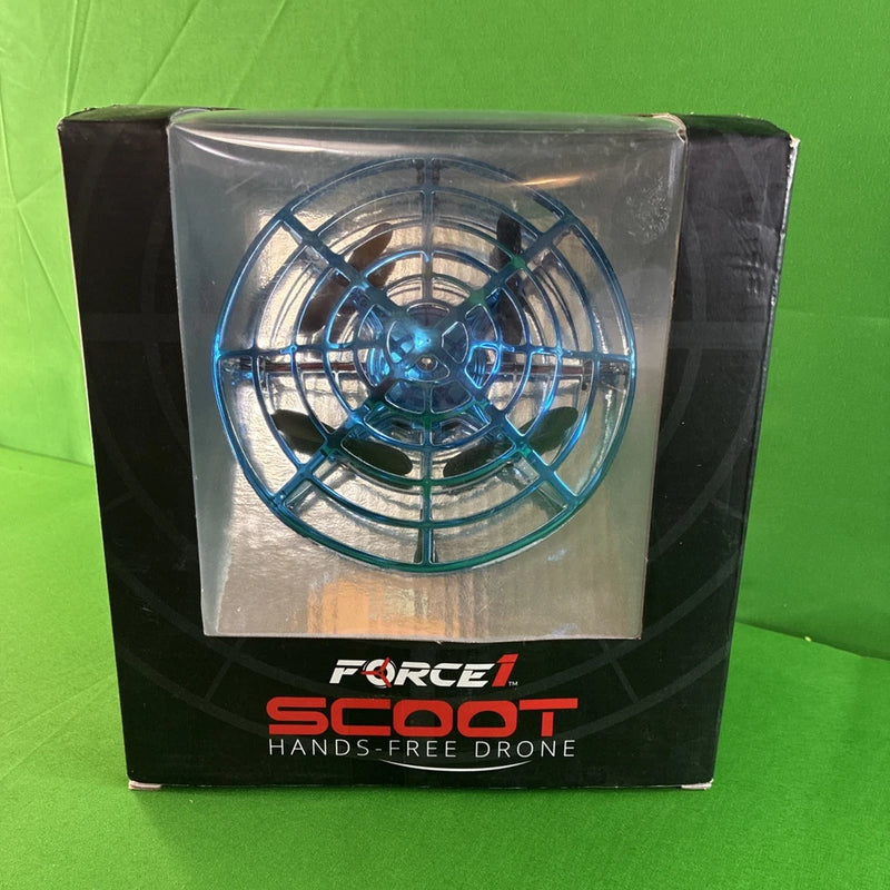 Hands-free Force1 indoor drone box with blue circular prop guard