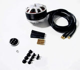 Brushless motor kit with mounting screws, black wire leads, and metal connector