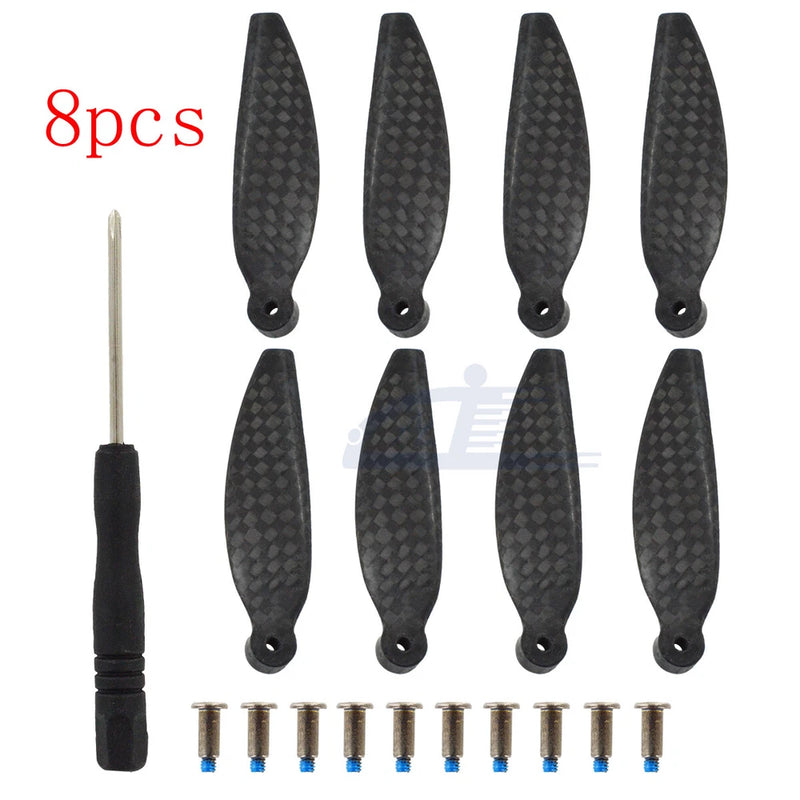 Carbon fiber drone propeller set with 8 blades, screwdriver, and metal mounting screws