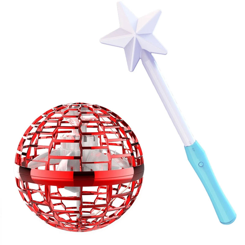 Red disco-style flying ball drone with blue wand handle