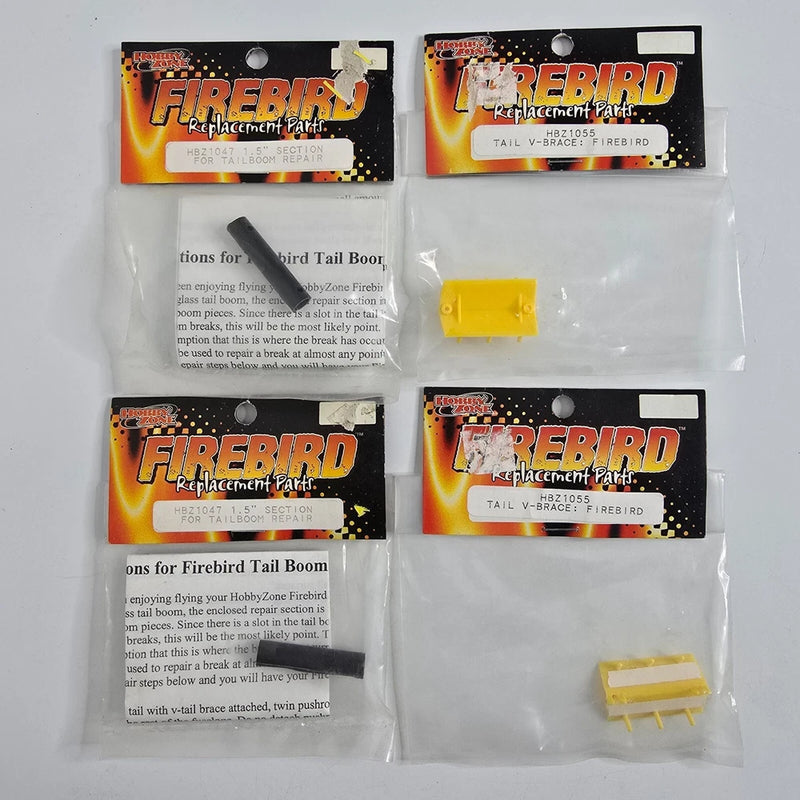 NOS tail boom V-brace repair parts lot with yellow plastic brackets in sealed bags