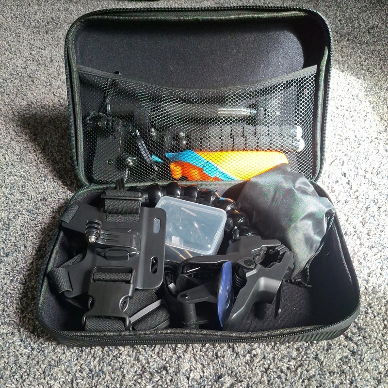 Action camera accessory kit in black zip case with mounts and brackets