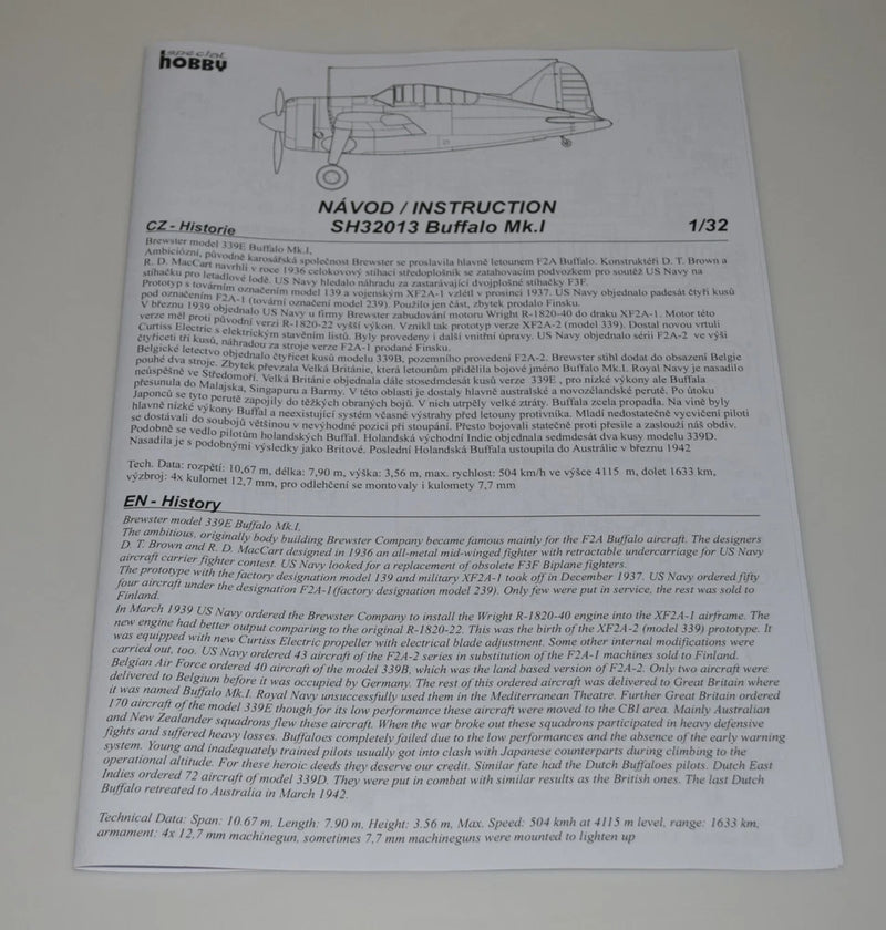 Aircraft model instruction booklet with printed diagram and multilingual text, 1/32