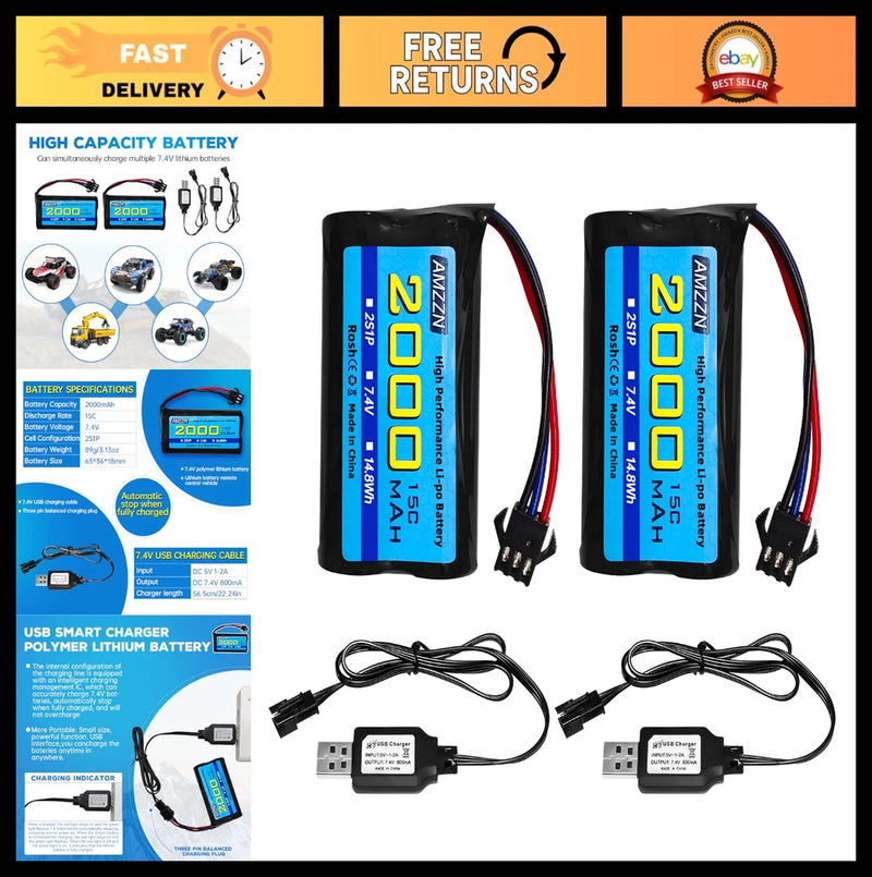 2PCS 7.4V 2000mAh 15C Lipo Battery & USB Cable for RC Cars, Trucks & Toys