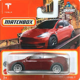 Matchbox Tesla Model Y red toy car in clear blister box, white and orange packaging