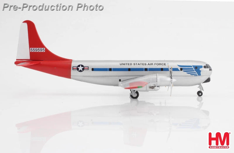 Red and gray US Air Force model airplane with blue tail, front view, scale replica