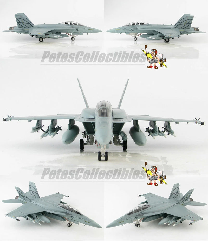 Hobby Master F/A-18F Advanced Super Hornet model jet, gray with missiles, landing gear down