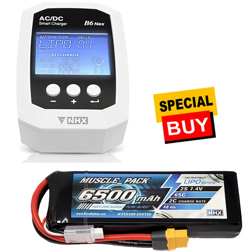 NHX RC B6 Nex 50W AC / 200W DC Charger + 2S 7.4V 6500mAh 65C Lipo Battery w/XT60 Battery