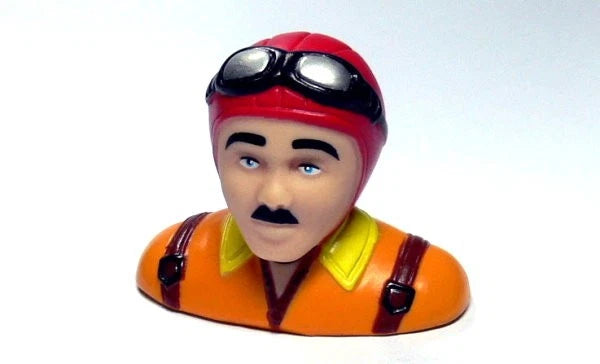 RC airplane pilot head bust with orange flight suit and red helmet
