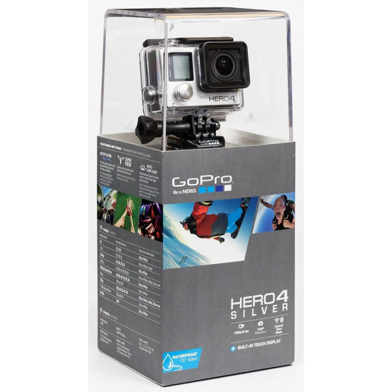GoPro HERO4 action camera in retail box with clear case window and mounted camera front