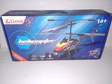 RC camera helicopter toy in blue retail box, Lima print, 14+ age, USB shown