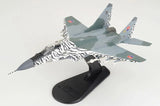 1/72 MiG-29AS model fighter jet with camo paint and tiger-striped markings on stand