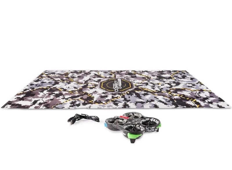 RC mission drone with green accents and camo-pattern mat