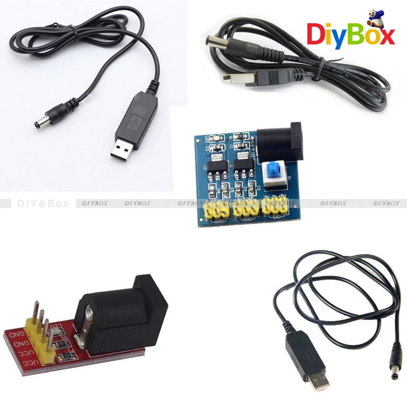 USB step-up voltage converter module with cables and 2.1x5.5mm male DC plug