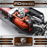 CNC alloy double-servo tray with orange mounts and servo arms for RC car