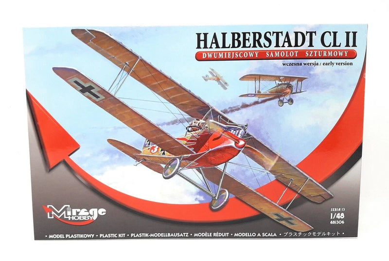 Mirage Hobby 1/48 plastic model kit box with Halberstadt CL II biplane