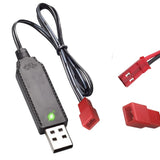 Black USB charger cable with JST 2-pin plug and red connector, USB-A end with LED