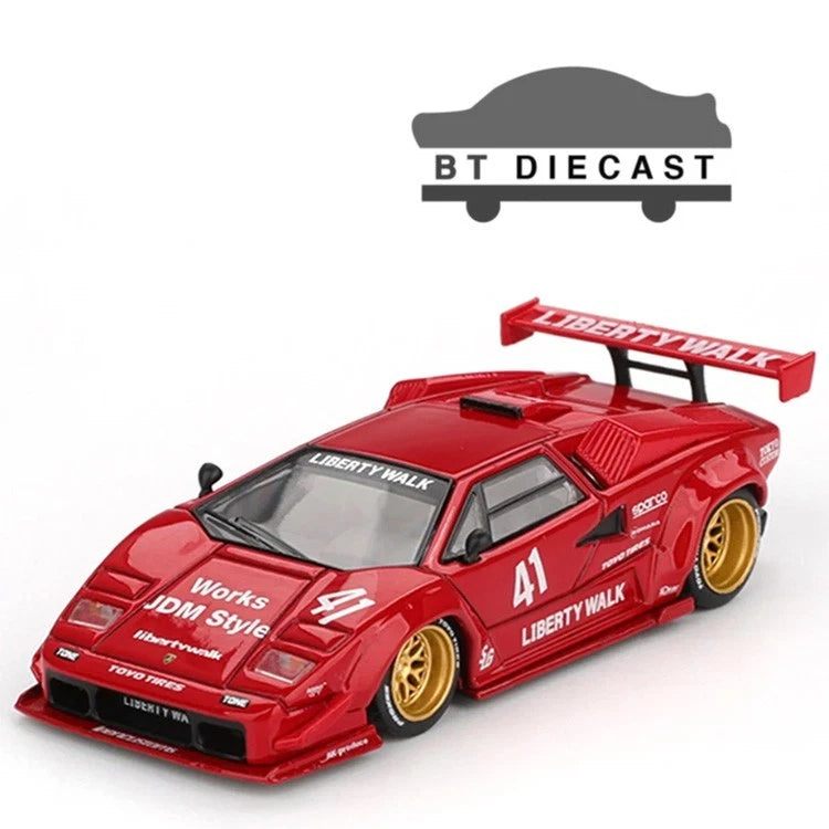 Red die-cast sports car model with gold wheels, hood vents, and #41 Liberty Walk