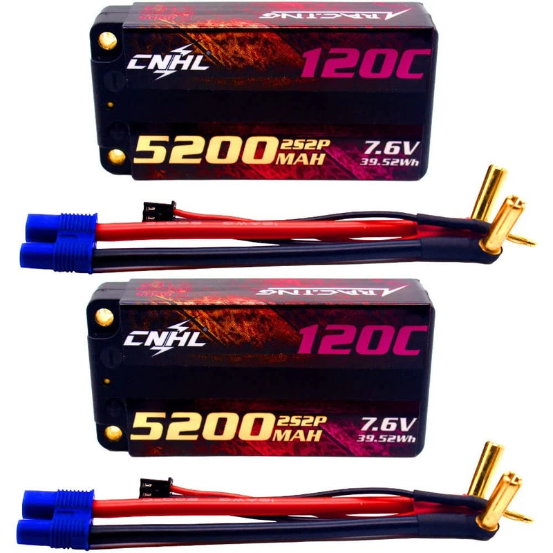 2S Shorty LiPo Battery 5200mAh 7.6V HV 120C EC3, 2 Packs Battery