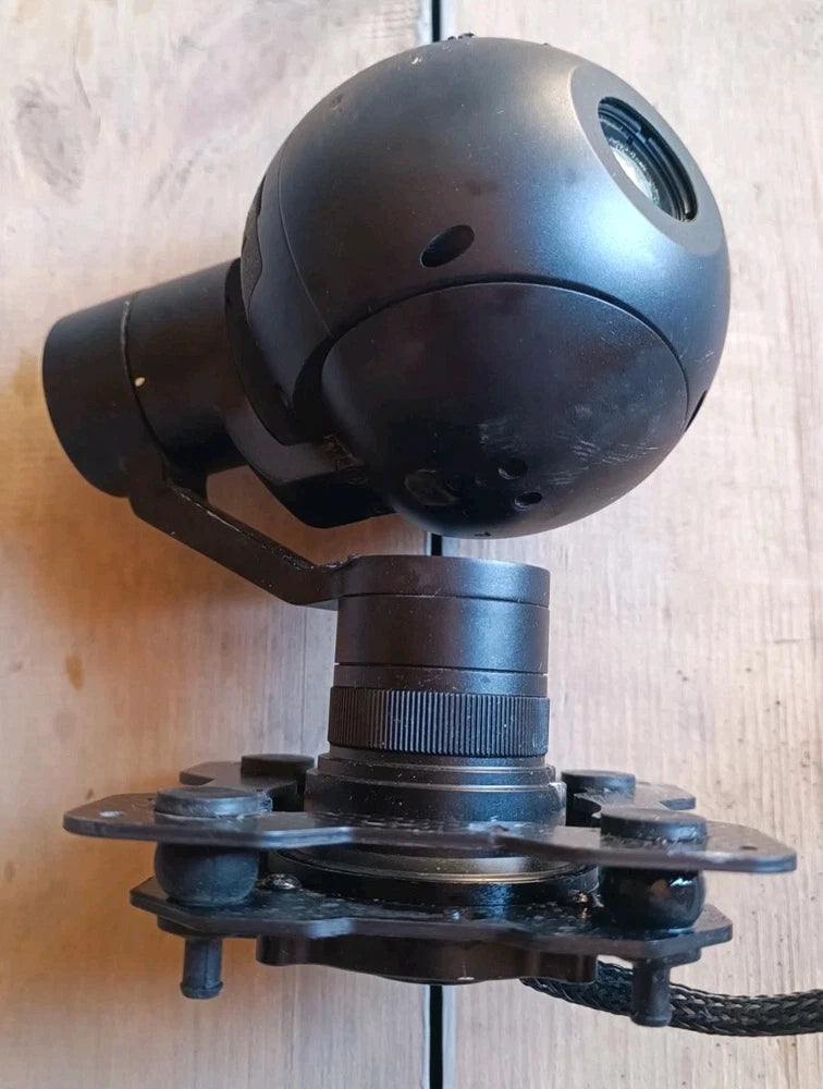 Stabilized gimbal PTZ camera module for drone surveillance system.