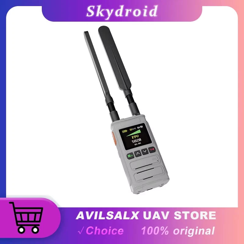 Handheld drone detector with two black antennas and gray body, small screen and buttons