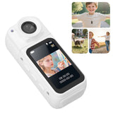 White POV thumb action camera with wide lens and front screen