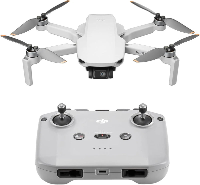 White quadcopter drone with gimbal camera and four propellers, front view.