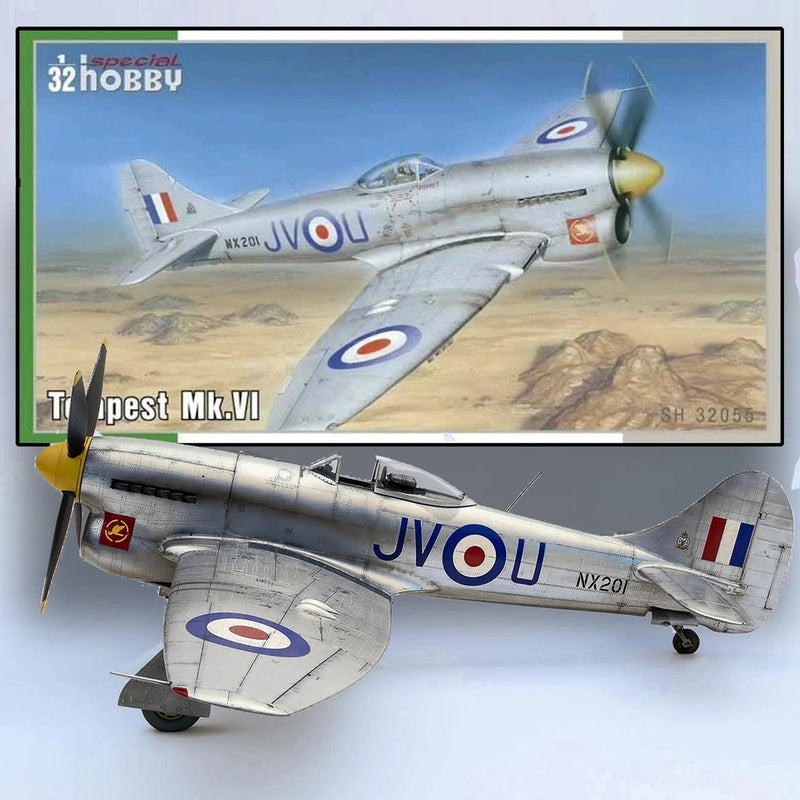 1/32 Hawker Tempest Mk.VI model kit, silver jet with blue roundels and red stripe tail