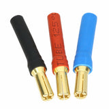 Banana adapter plugs with gold pins, black, orange, and blue heat-shrink