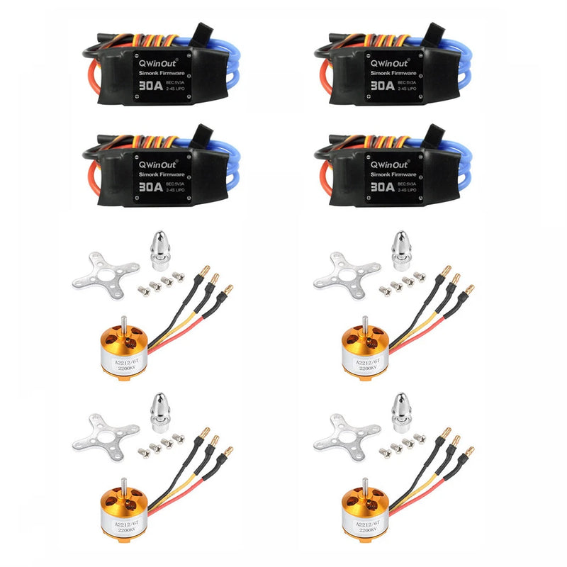 Brushless multicopter kit with ESCs, motor, wiring, propeller mounts, and screws