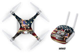 Drone wrap decal sticker skin with colorful WWII-style graphic on quadcopter body