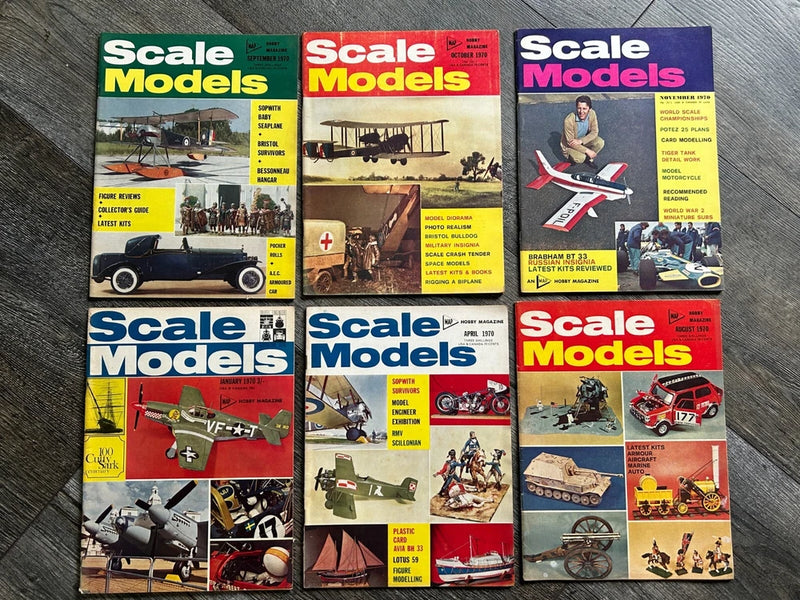 Six Scale Models magazine covers featuring airplanes, vehicles, and model figures
