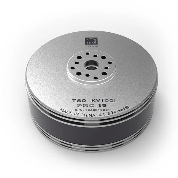 Brushless RC motor, silver housing with black base and mounting face holes