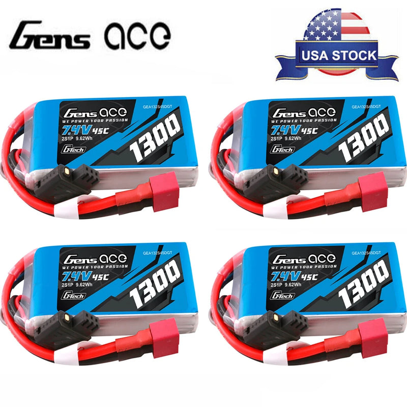 4X GensAce G-Tech 1300mAh 45C 7.4V 2S Lipo Battery T plug For RC Glider 3D Plane