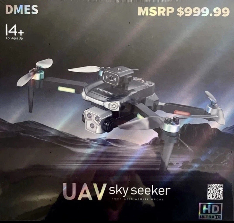 Black quadcopter drone with front camera and four rotating propellers