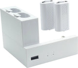 Xbox Series S side battery charging dock with two slots, USB port, and LED indicators