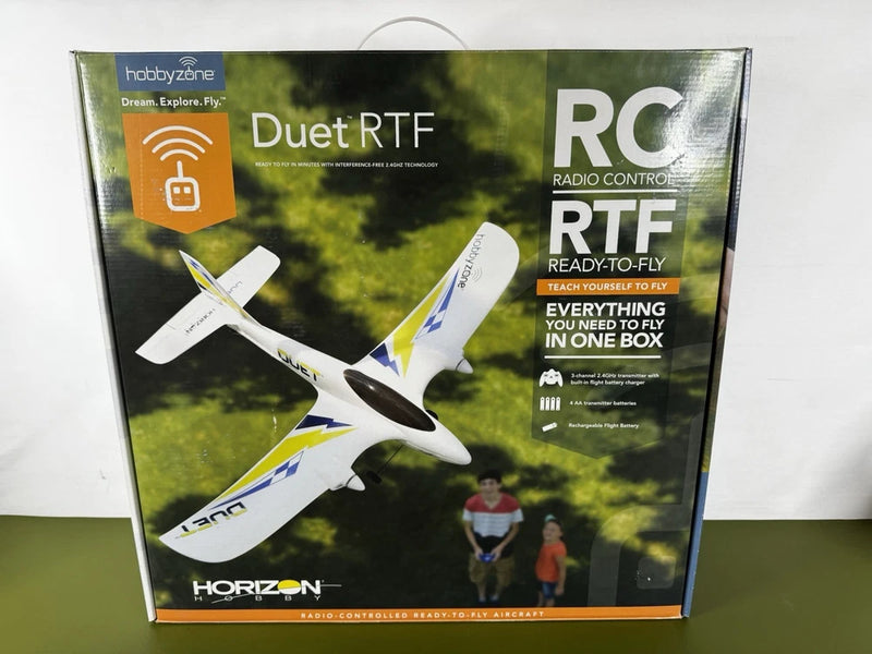 RC airplane RTF kit box with two-wing design, green and white packaging
