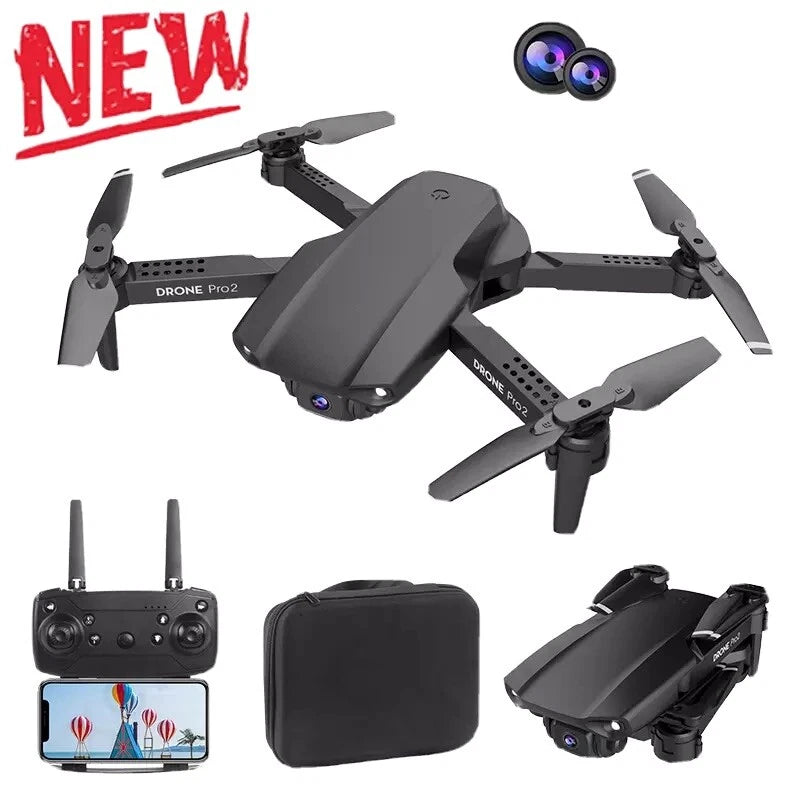 Black 4K camera drone with foldable arms, controller and carrying case