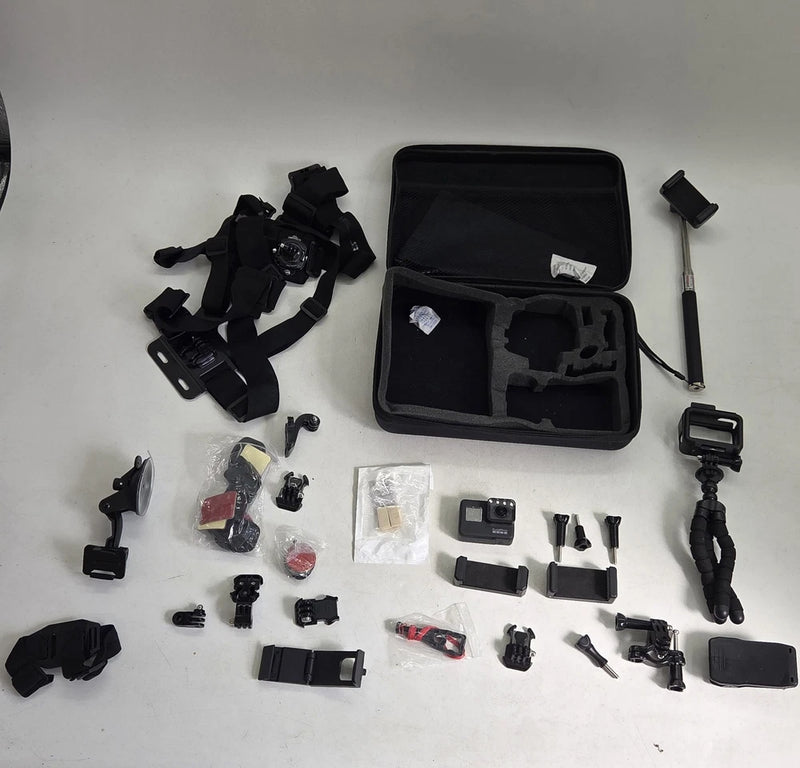 GoPro HERO7 Black action camera accessory bundle with open hard case and mounts
