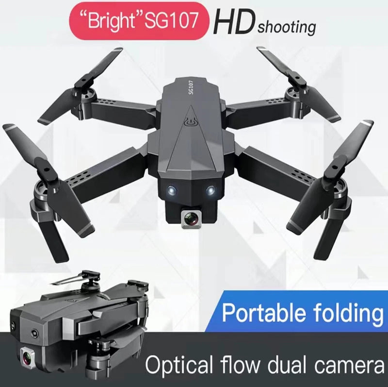 Foldable quadcopter drone with front camera and four extended propeller arms