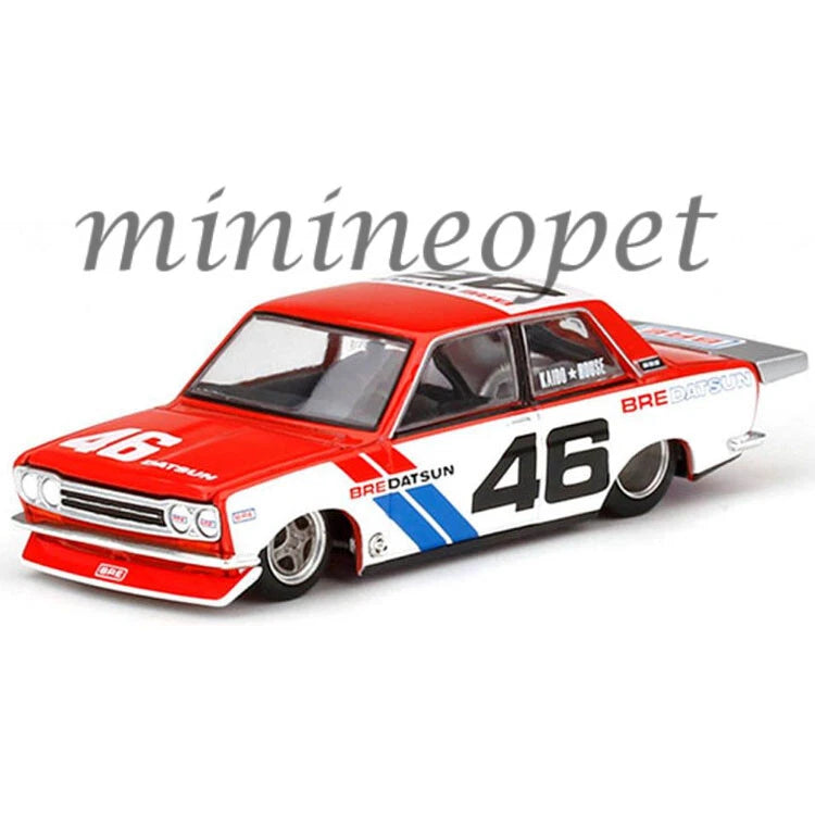 White and red die-cast model car with number 46 decals, 1:64 scale