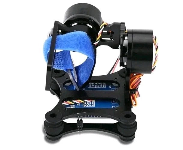 RC drone camera gimbal assembly with metal frame, motor, wiring, and dampening foam