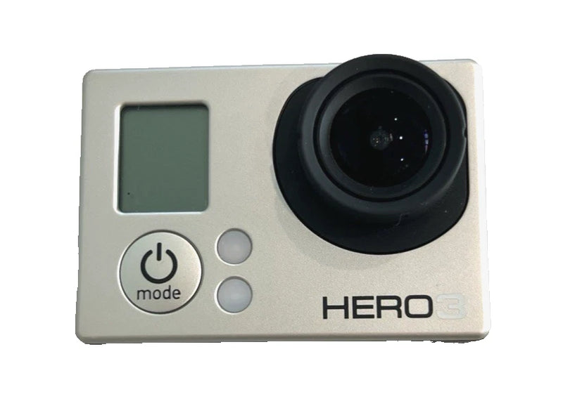 Silver action camera with large front lens, LCD screen, and mode buttons