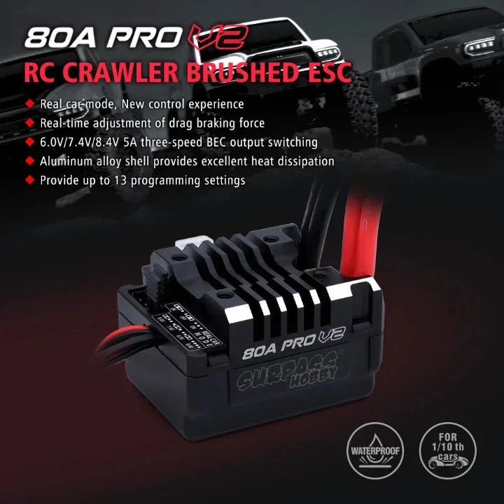 Waterproof RC brushed ESC, 80A Pro V2 heatsink, red wire leads