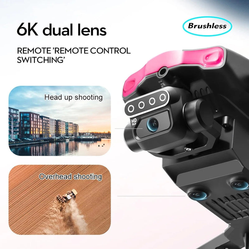 Pink and black quadcopter drone with HD camera module and brushless motor