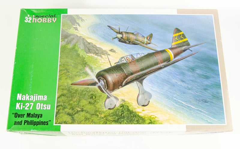 Model airplane kit box with green and tan camouflaged Nakajima Ki-27 Otsu aircraft art