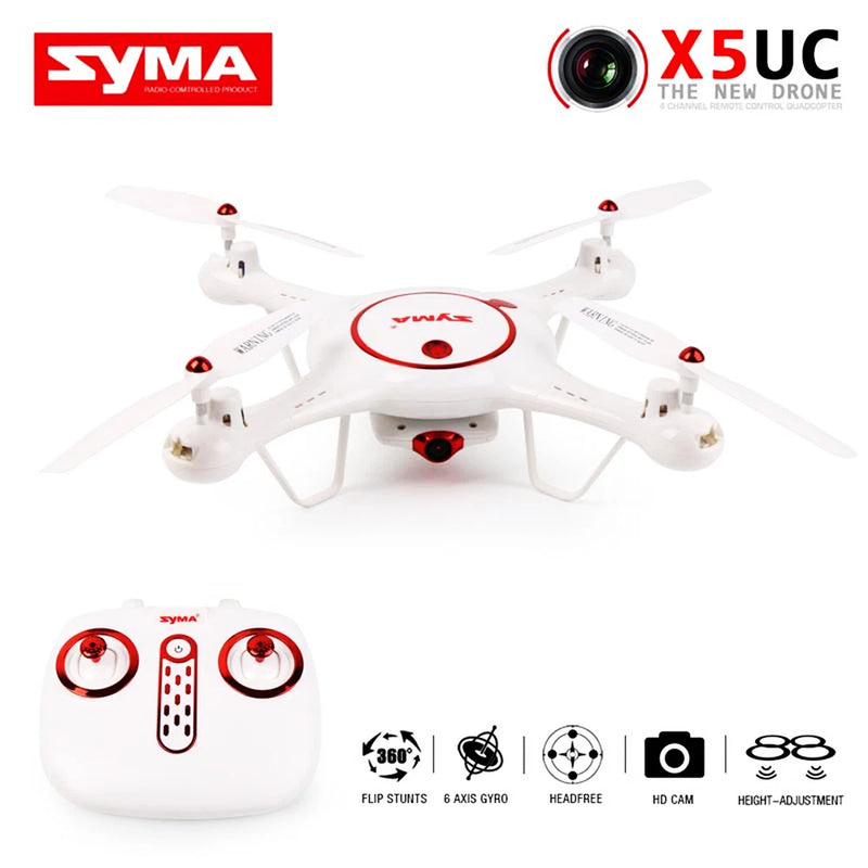 White SYMA X5UC FPV quadcopter with front camera lens and four propellers