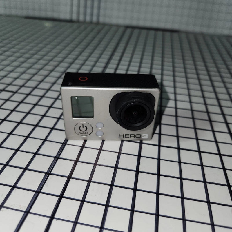 GoPro HERO3 action camera with front lens and small LCD screen, silver body