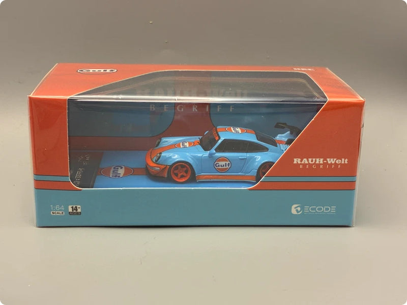 1:64 scale Porsche 964 RWB toy car model in box, orange and blue Gulf graphics.